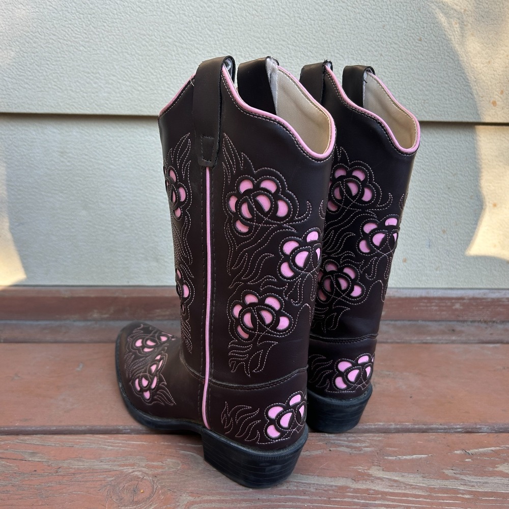 Old West Kids Western Cowboy Boots Brown Pink Rodeo Cut Out Flowers Size 2.5 - Picture 6 of 9